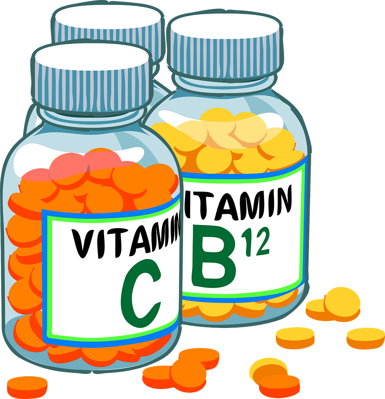 bottles of vitamins C and B12
